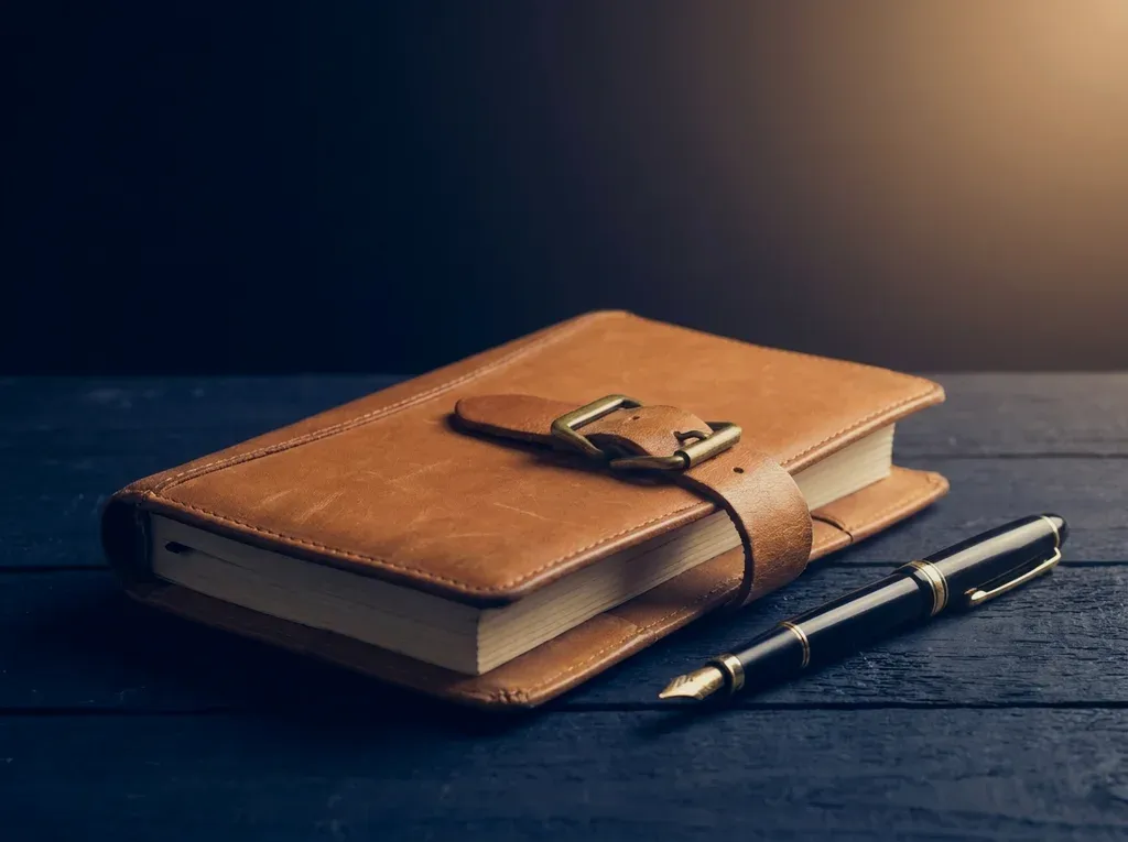 A leather planner and a fountain pen on a dark wooden desk.