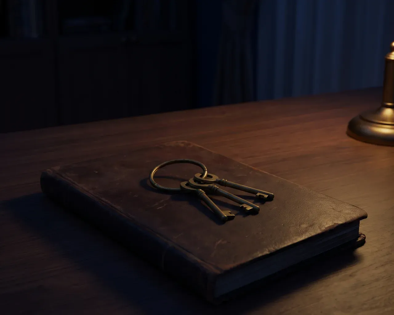 An old ring of three brass keys resting on a leather ledger under lamplight.